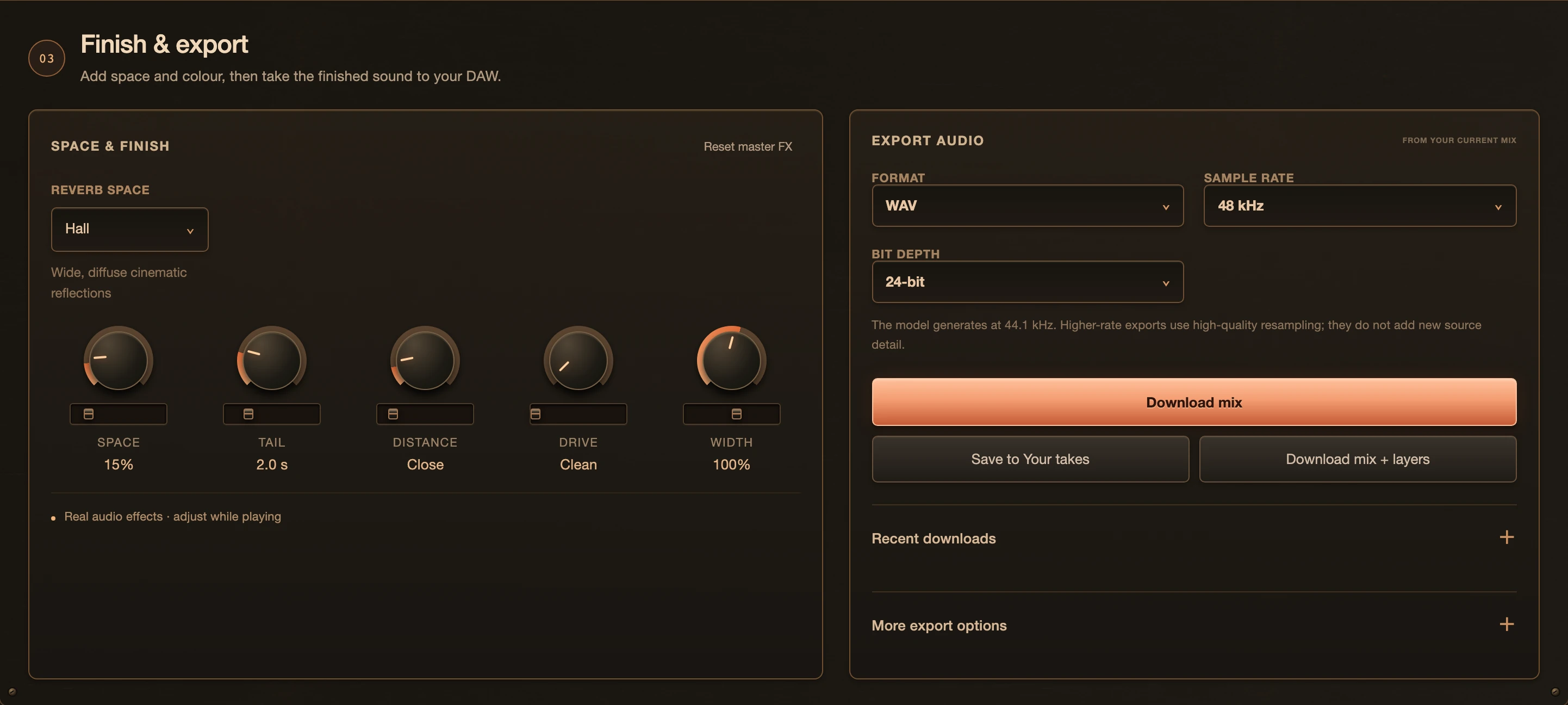 Finish and export: reverb space, tail, distance, drive and width controls beside the export settings